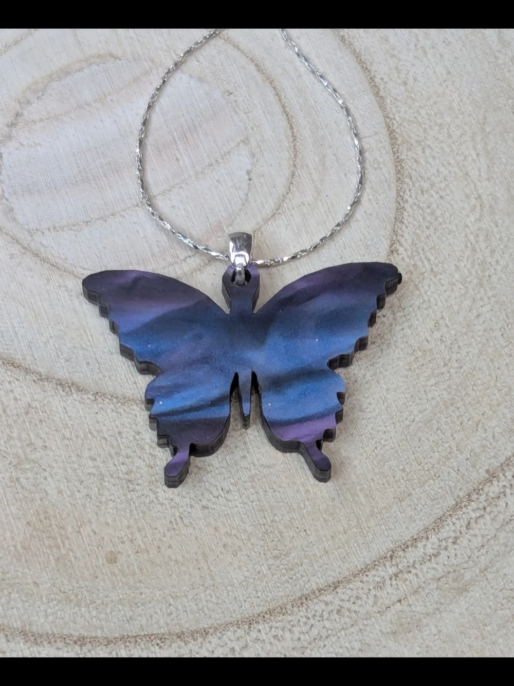 Blue Lavender Butterfly Necklace Reversible Pendant Silver Chain 16.5” + 2 